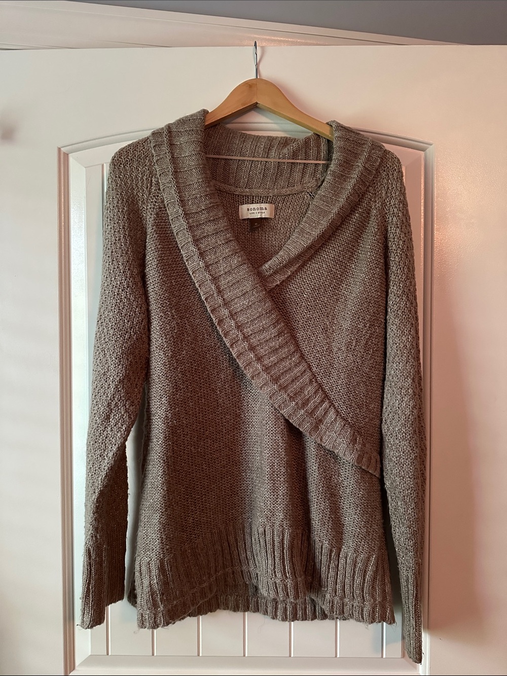 Wrap-Front Shawl-Collar Sweater in Taupe by Boden